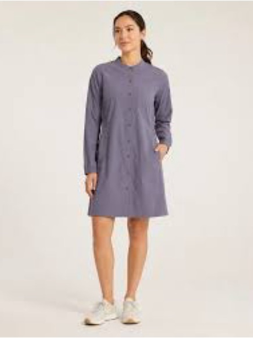 Athleta Women's Button-Front Long-Sleeve Shirt Dress in Lavender